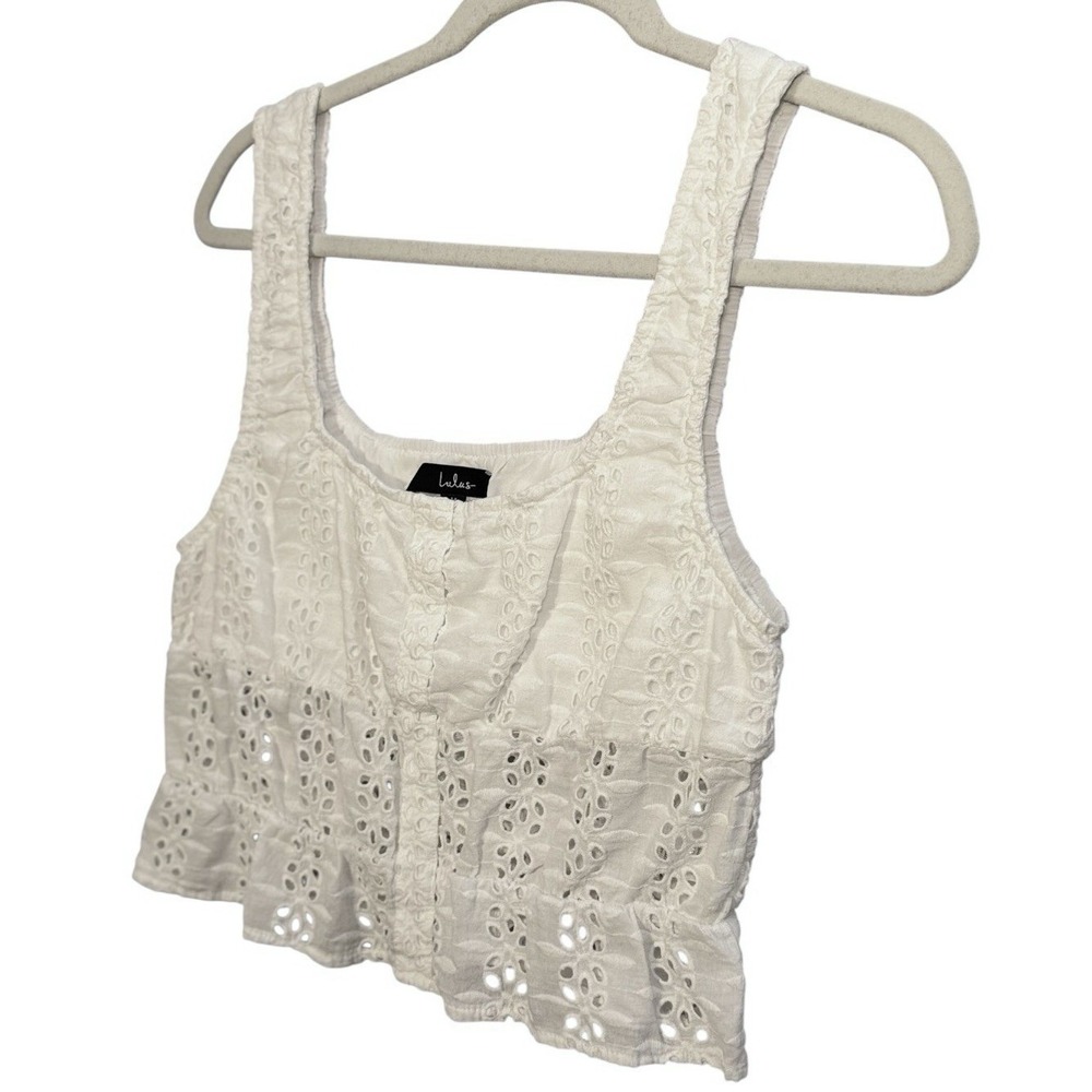 Lulus Milkmaid Eyelet Crop Top M White Sleeveless Ruffle Cottagecore Coquette - Picture 3 of 8